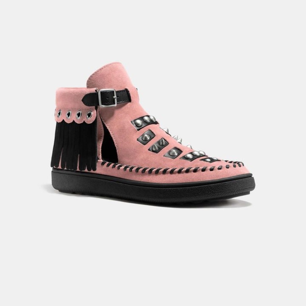 Coach Fringe Stud High Top Sneaker Boots Pink Black Size 10 - Picture 2 of 7